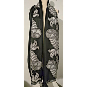 Bonheur de Petrusse Wool/Silver Lurex Embroidered Scarf/ Shaw 20”x 80” l